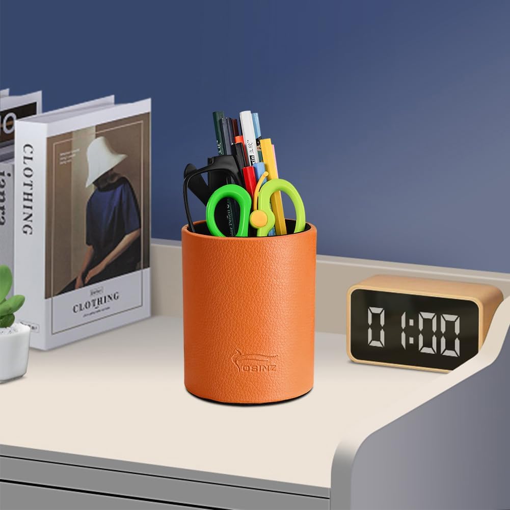 Leather Pen Holder, Brown Pencil Holder, Desktop Elegant Pen Holder for Desk, Stationery Organizer for School Office Home Dorm (3.3" x 3.3" x 4", Brown)