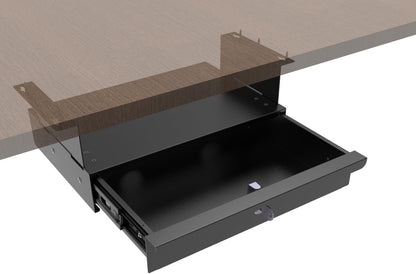 Under Desk Drawer Sliding Out Attachment with Shell, 15.6" x 10" x 5.07" Pull Out Lockable Drawer Storage Organizer with Cable Mangement for Workbench or Standing Desk with High Crosspiece