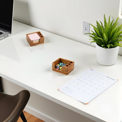 Acacia Wood Sticky Note Holder with 3 Pen Holders, 3x3 Post It Note Dispenser with Anti-Slip Pads, All-in-One Wooden Desk Organizer for Office Home School (4.0“x3.5"x2")