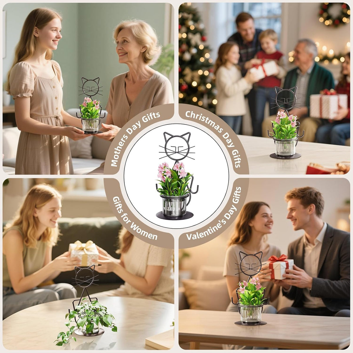 Desktop Glass Planter Vase Holder, Modern Creative Cat Plant Terrarium Metal Stand for Hydroponics Plants Home Garden Wedding Decoration Outdoor Planter Ideas (Style 2)