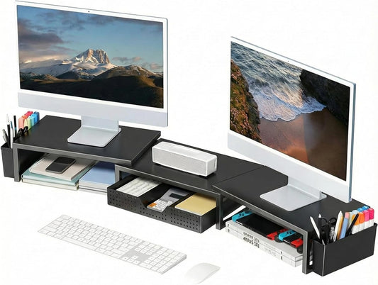 Desk Organizers and Accessories, Dual Monitor Stand Riser with Drawer and 2 Pen Holders, Desk Shelf Computer Racks & Printer Stand for Office Workspace Organizers, Desktop Organization (Black)