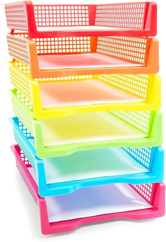 Classroom Turn in Trays - 6-Pack, Letter Size, 12.75 x 9.75 x 2.75 in, Rainbow Plastic - Teacher Supplies & Classroom Must Haves - Stackable Paper Organizer & Homework Trays
