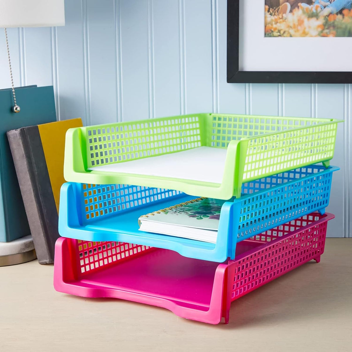 Classroom Turn in Trays - 6-Pack, Letter Size, 12.75 x 9.75 x 2.75 in, Rainbow Plastic - Teacher Supplies & Classroom Must Haves - Stackable Paper Organizer & Homework Trays