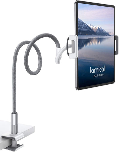 Gooseneck Tablet Holder, Tablet Stand : Flexible Arm Clip Tablet Mount Gifts, Compatible with iPad mini Pro Air, Kindle, Switch, Galaxy Tabs, More 4.7-10.5" Devices - Gray