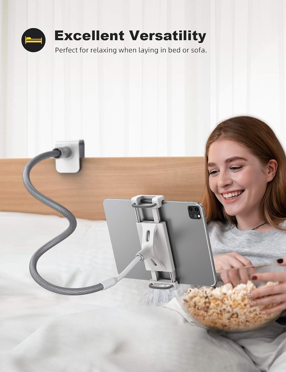 Gooseneck Tablet Holder, Tablet Stand : Flexible Arm Clip Tablet Mount Gifts, Compatible with iPad mini Pro Air, Kindle, Switch, Galaxy Tabs, More 4.7-10.5" Devices - Gray