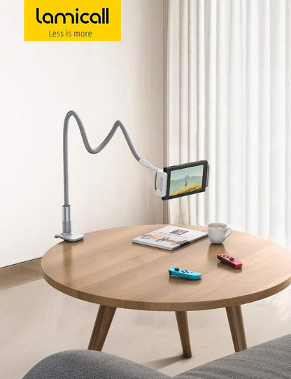 Gooseneck Tablet Holder, Tablet Stand : Flexible Arm Clip Tablet Mount Gifts, Compatible with iPad mini Pro Air, Kindle, Switch, Galaxy Tabs, More 4.7-10.5" Devices - Gray