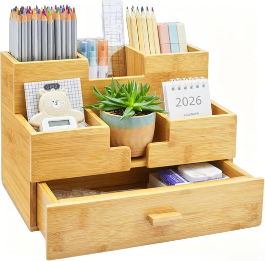 Bamboo Desk Organizer - Countertop Drawers Organizer Tabletop Storage Organization Makeup & Pen Storage with Drawer & Pencil Holder for Office Organization