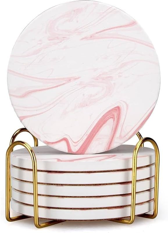 Cute Pink Marble Coasters for Desk Coffee Bar Table Kitchen Decor Set of 6