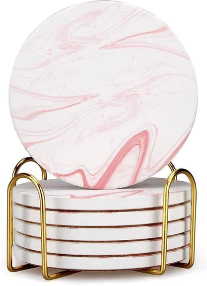 Cute Pink Marble Coasters for Desk Coffee Bar Table Kitchen Decor Set of 6