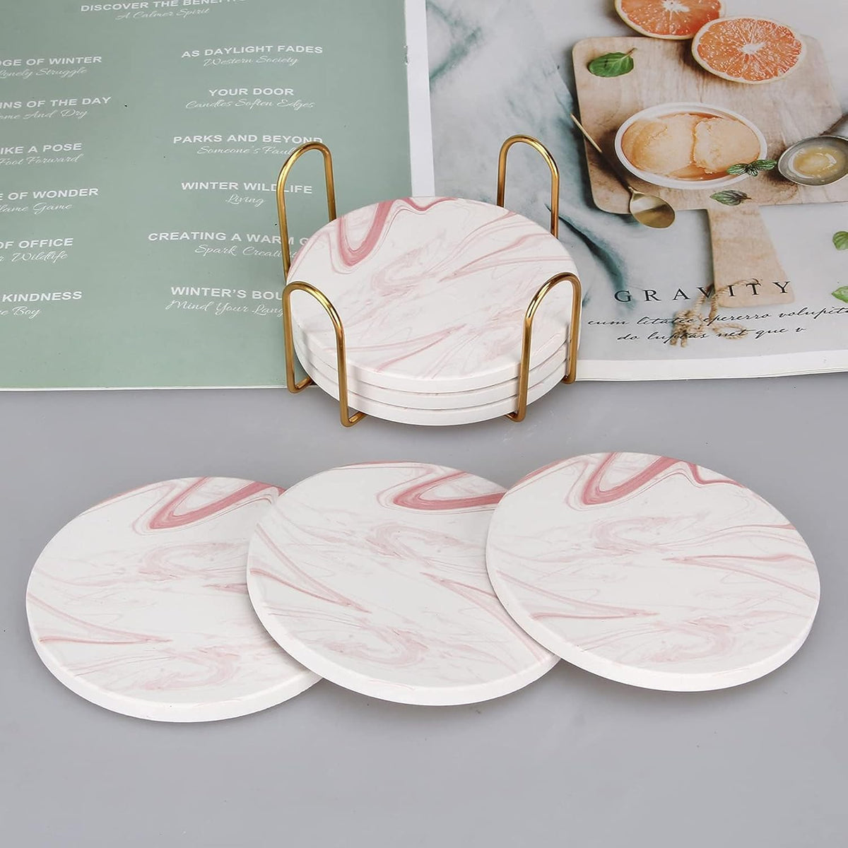 Cute Pink Marble Coasters for Desk Coffee Bar Table Kitchen Decor Set of 6