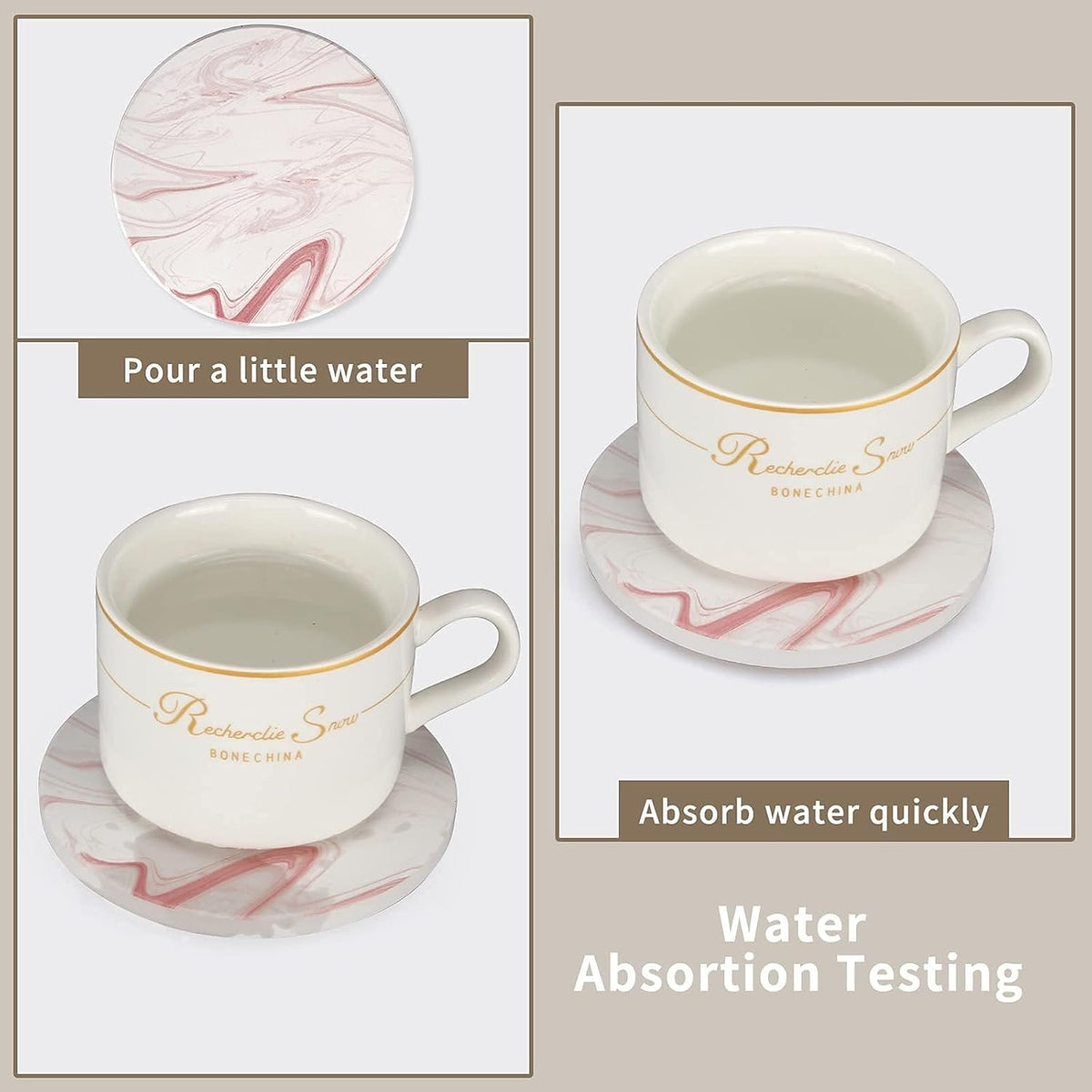 Cute Pink Marble Coasters for Desk Coffee Bar Table Kitchen Decor Set of 6