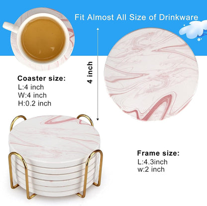 Cute Pink Marble Coasters for Desk Coffee Bar Table Kitchen Decor Set of 6