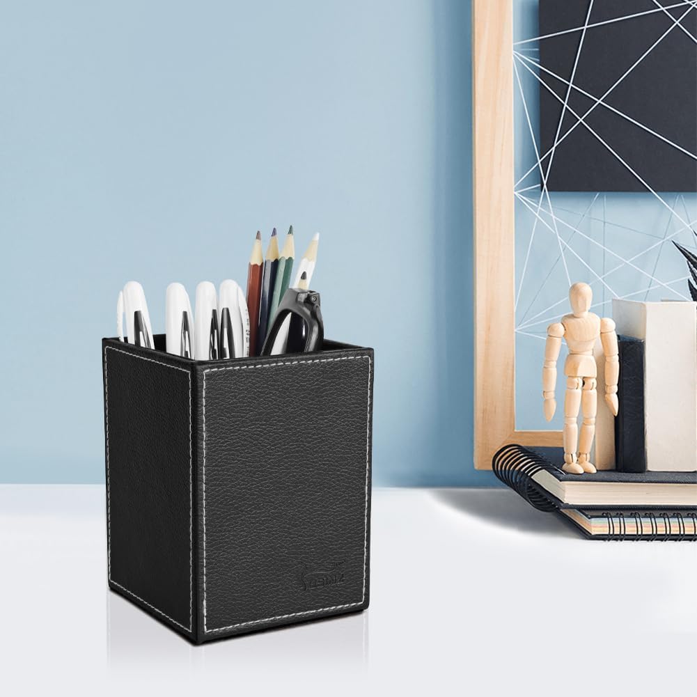 Leather Pen Holder, Brown Pencil Holder, Desktop Elegant Pen Holder for Desk, Stationery Organizer for School Office Home Dorm (3.3" x 3.3" x 4", Brown)