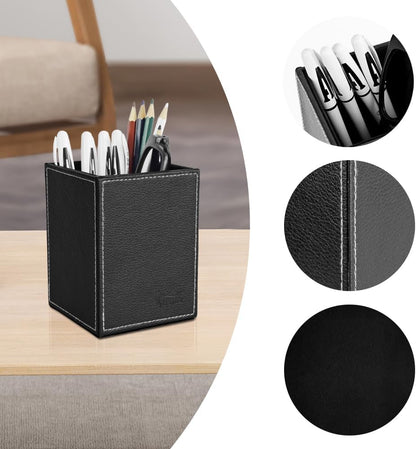 Leather Pen Holder, Brown Pencil Holder, Desktop Elegant Pen Holder for Desk, Stationery Organizer for School Office Home Dorm (3.3" x 3.3" x 4", Brown)