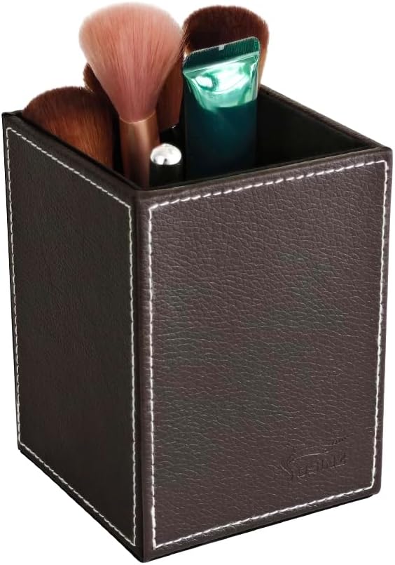 Leather Pen Holder, Brown Pencil Holder, Desktop Elegant Pen Holder for Desk, Stationery Organizer for School Office Home Dorm (3.3" x 3.3" x 4", Brown)