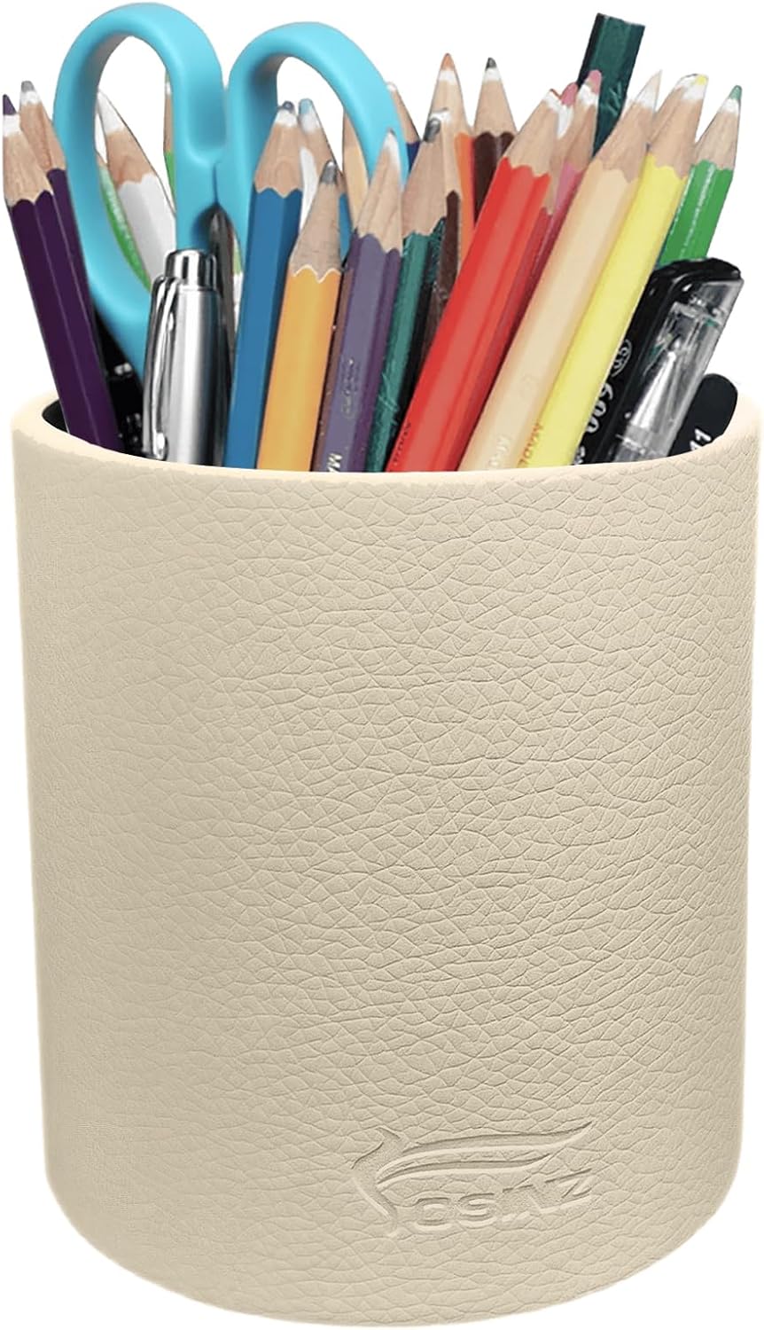 Leather Pen Holder, Brown Pencil Holder, Desktop Elegant Pen Holder for Desk, Stationery Organizer for School Office Home Dorm (3.3" x 3.3" x 4", Brown)