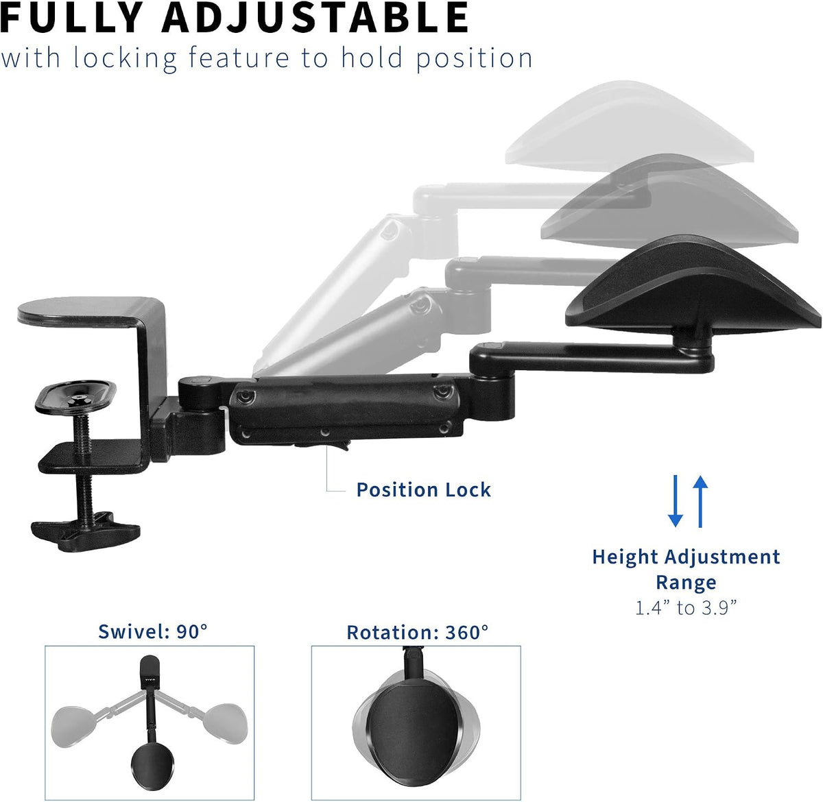 Black Clamp-on Adjustable Arm Rest, MOUNT-ARM01