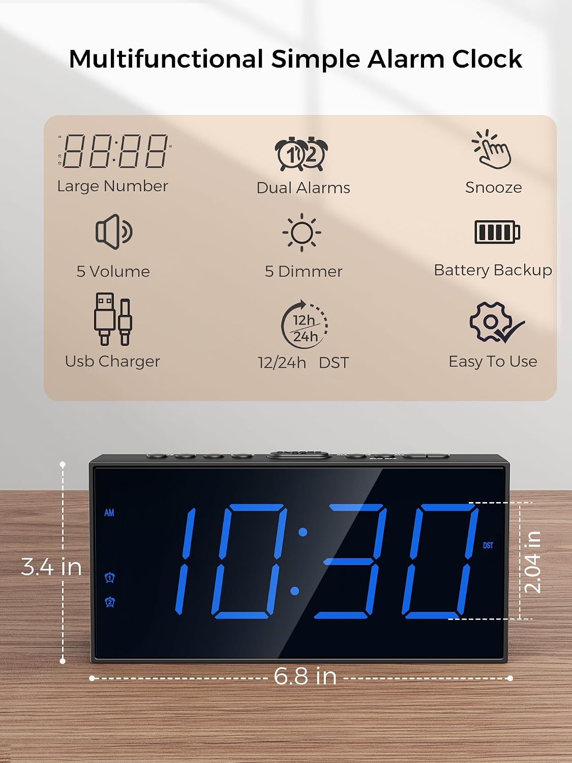 Digital Alarm Clocks for Bedrooms, Dual Alarms, 7.5-Inch Large Display