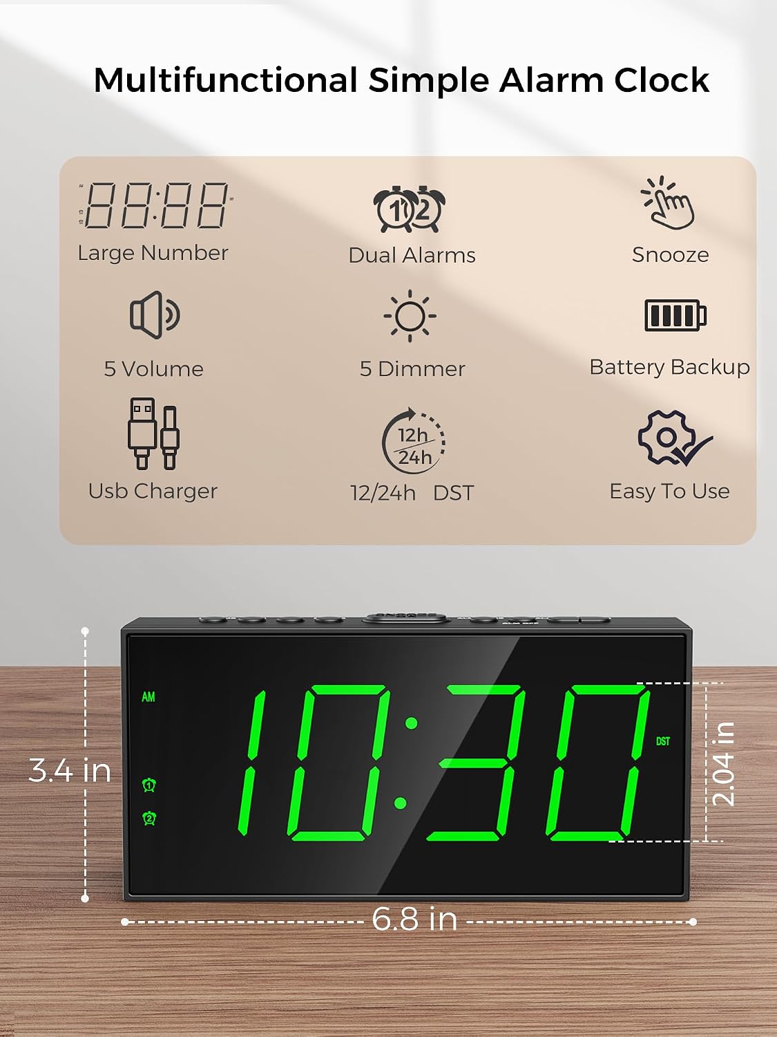 Digital Alarm Clocks for Bedrooms, Dual Alarms, 7.5-Inch Large Display