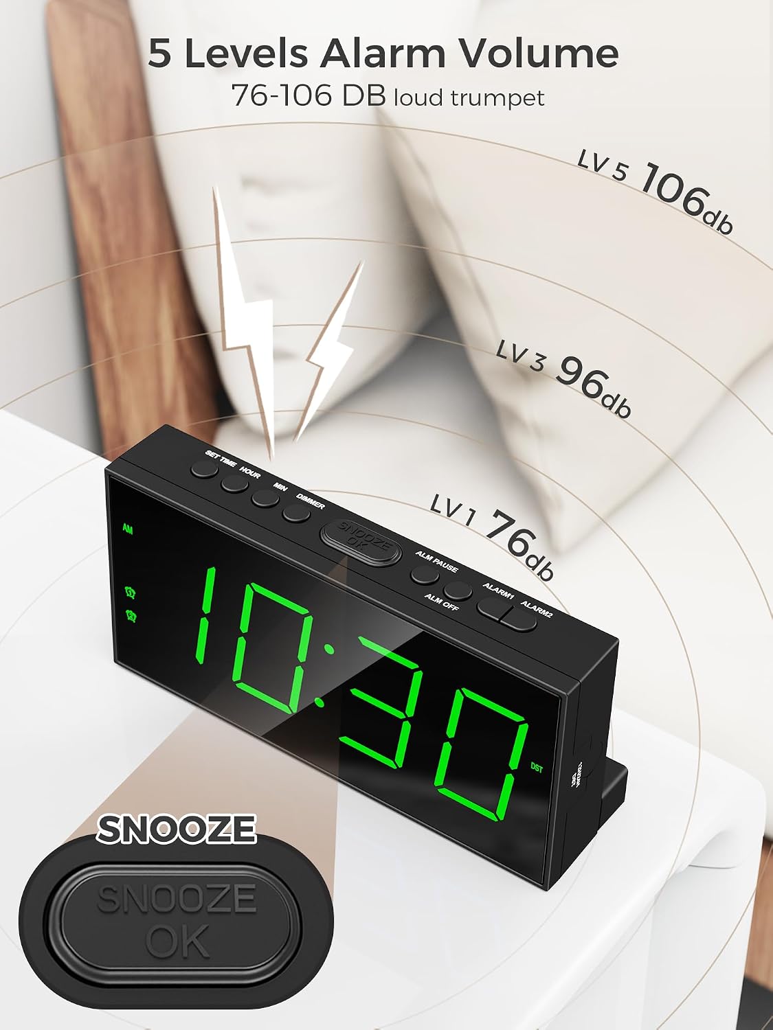 Digital Alarm Clocks for Bedrooms, Dual Alarms, 7.5-Inch Large Display