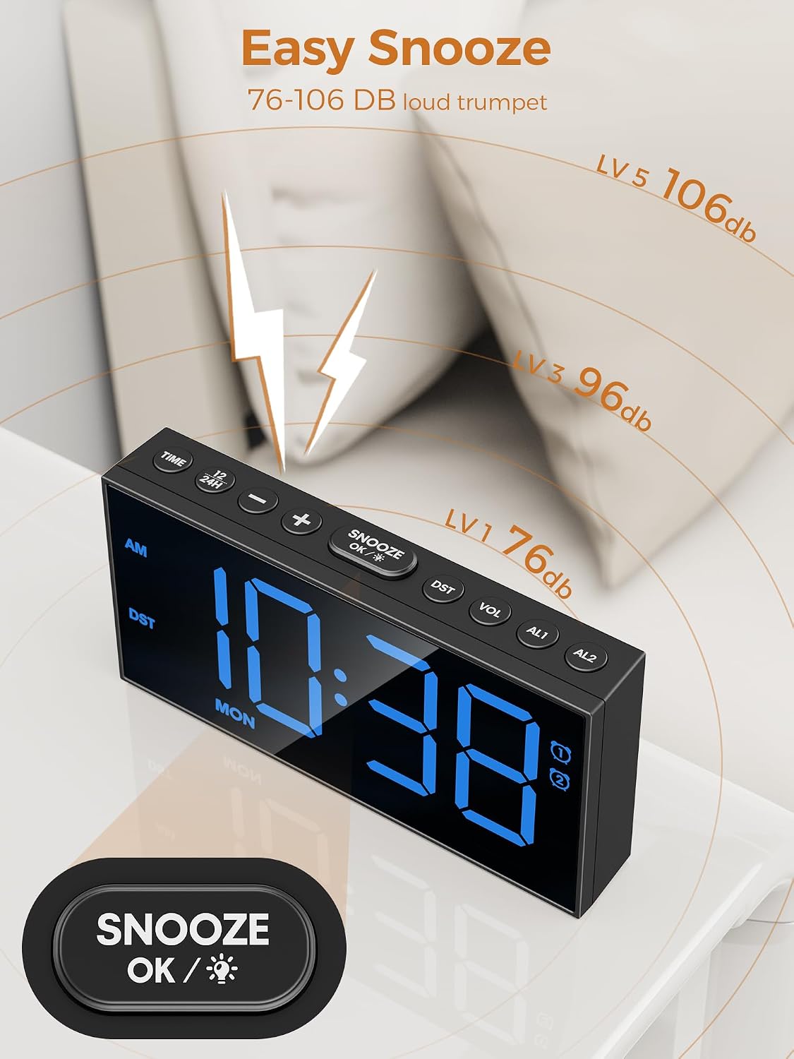 Digital Alarm Clocks for Bedrooms, Dual Alarms, 7.5-Inch Large Display