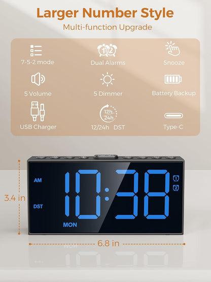 Digital Alarm Clocks for Bedrooms, Dual Alarms, 7.5-Inch Large Display