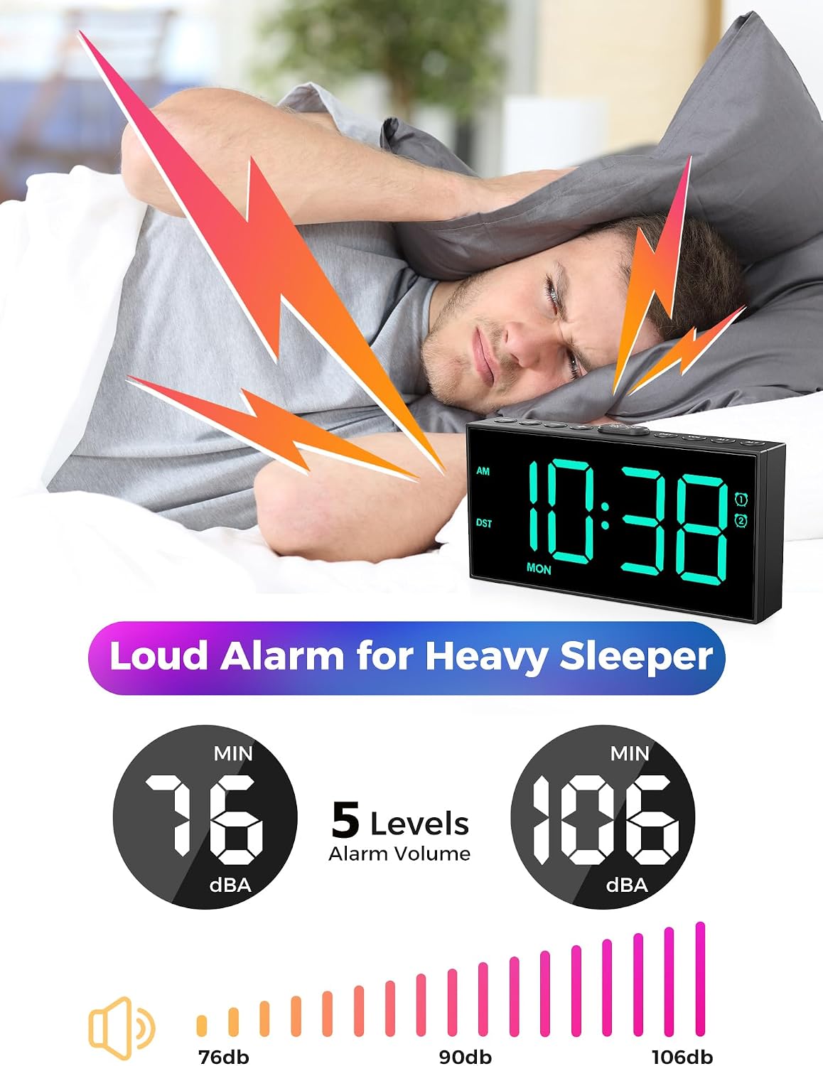 Digital Alarm Clocks for Bedrooms, Dual Alarms, 7.5-Inch Large Display