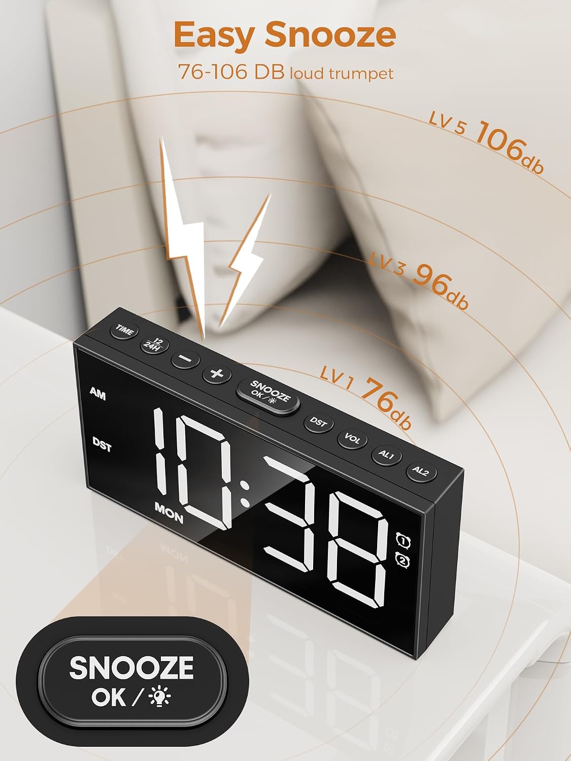 Digital Alarm Clocks for Bedrooms, Dual Alarms, 7.5-Inch Large Display