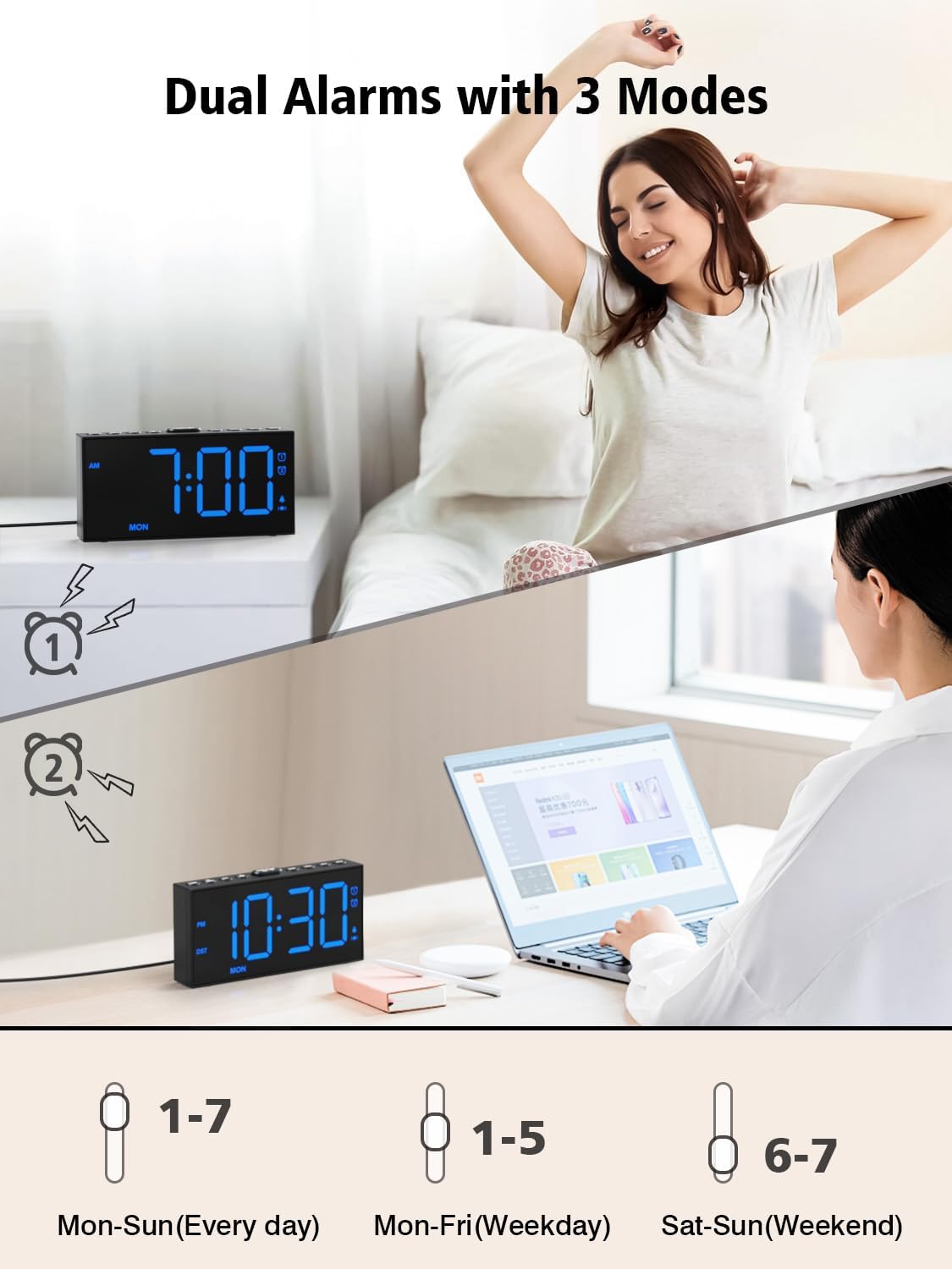 Digital Alarm Clocks for Bedrooms, Dual Alarms, 7.5-Inch Large Display
