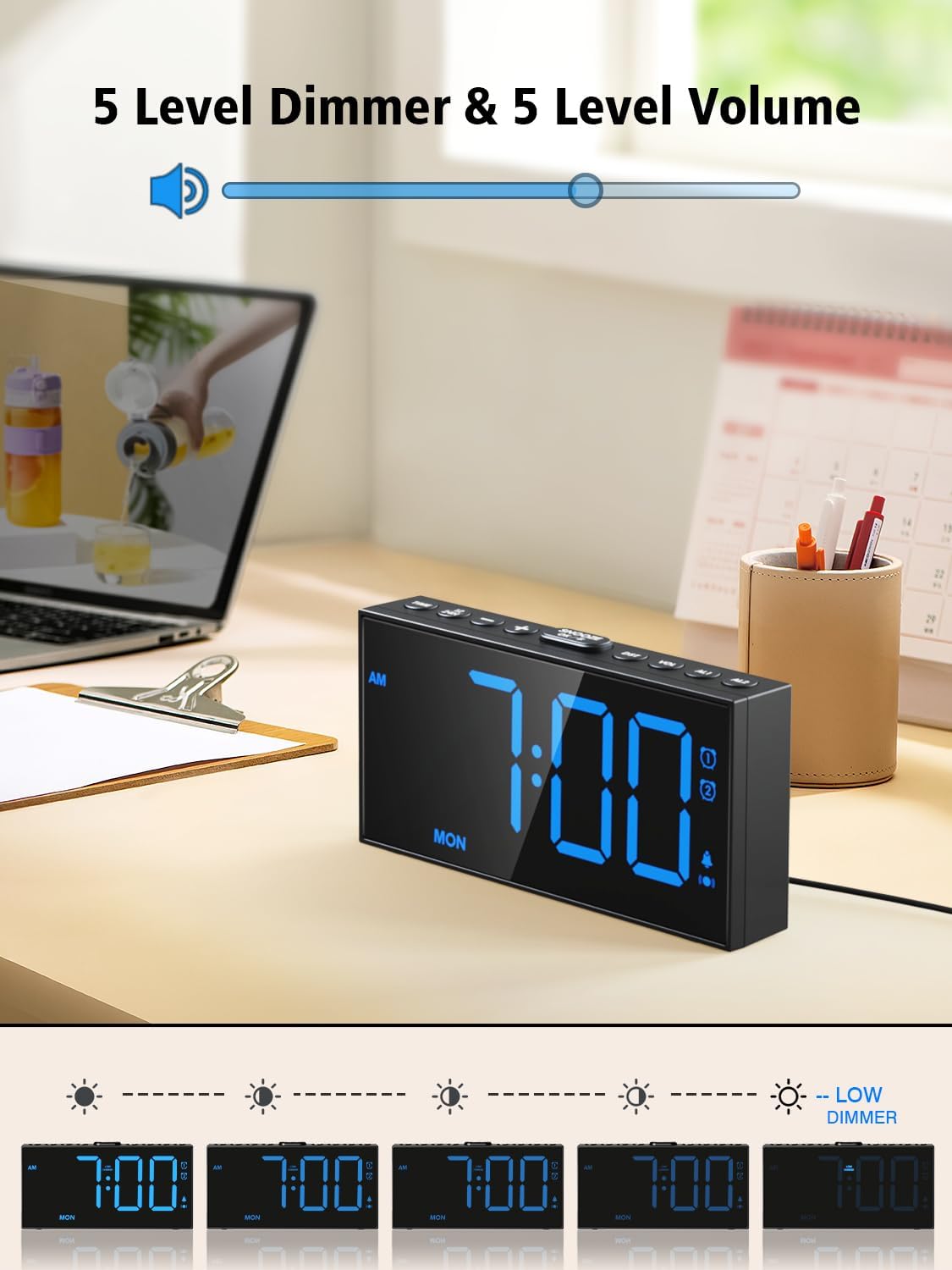 Digital Alarm Clocks for Bedrooms, Dual Alarms, 7.5-Inch Large Display