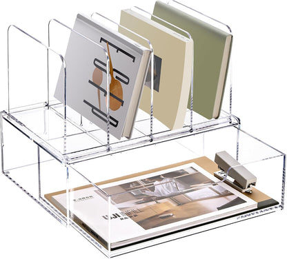 YUXUN Desk Organizer with Drawers, Acrylic File Organizer with 4 Vertical File Holders and 1 Sliding Drawer,Multifunction Desktop Accessories Storage for Home Office&School, Clear