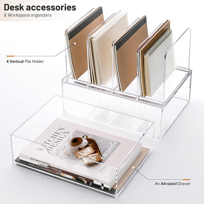 YUXUN Desk Organizer with Drawers, Acrylic File Organizer with 4 Vertical File Holders and 1 Sliding Drawer,Multifunction Desktop Accessories Storage for Home Office&School, Clear