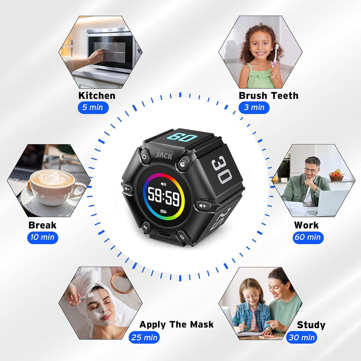 Smart FILP Pomodoro Timer 3/5/10/25/30/60min Preset, Silent & Sound Alarm