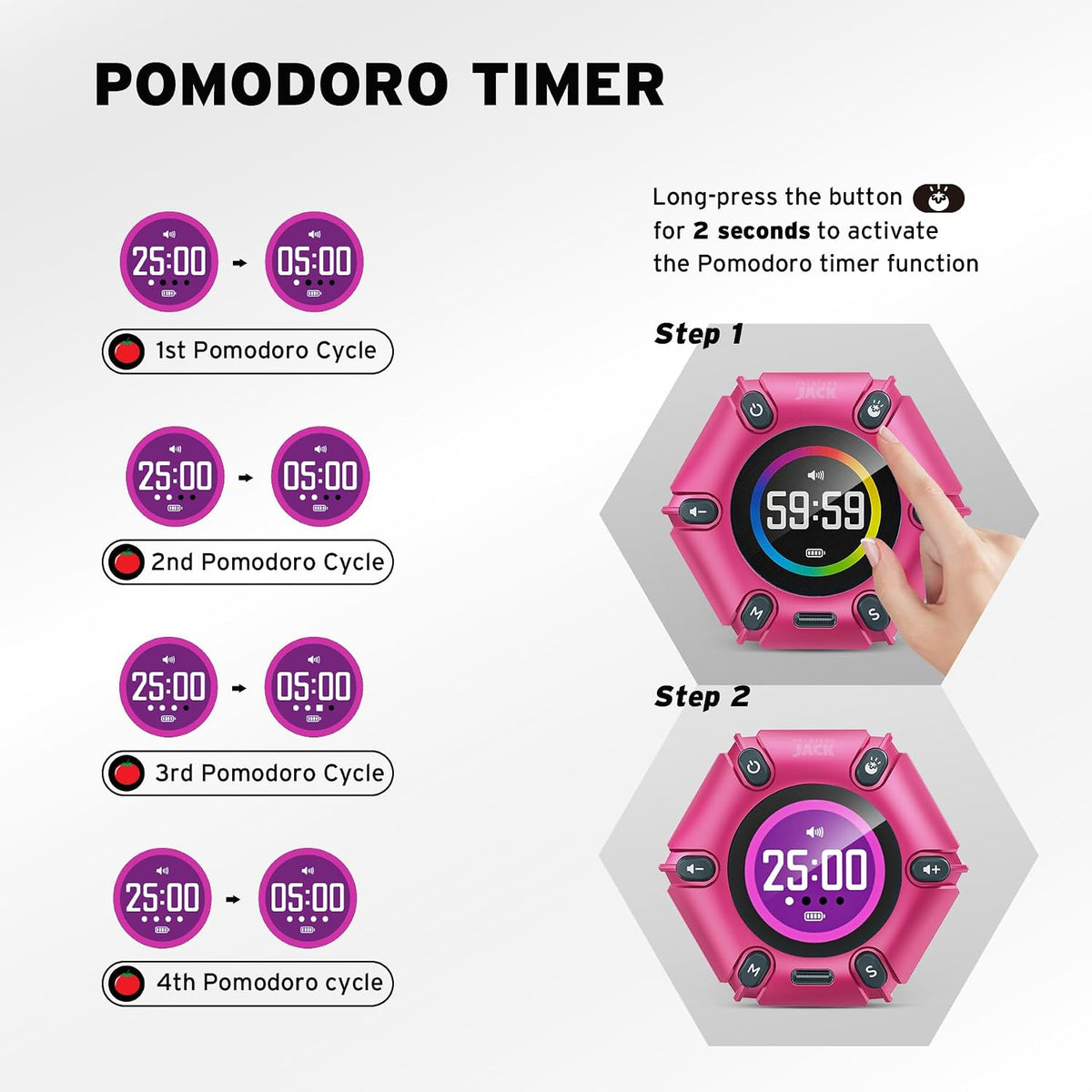 Smart FILP Pomodoro Timer 3/5/10/25/30/60min Preset, Silent & Sound Alarm