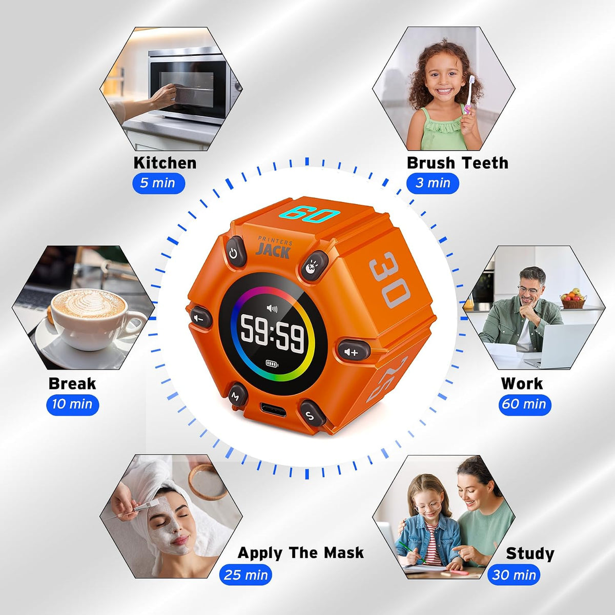 Smart FILP Pomodoro Timer 3/5/10/25/30/60min Preset, Silent & Sound Alarm