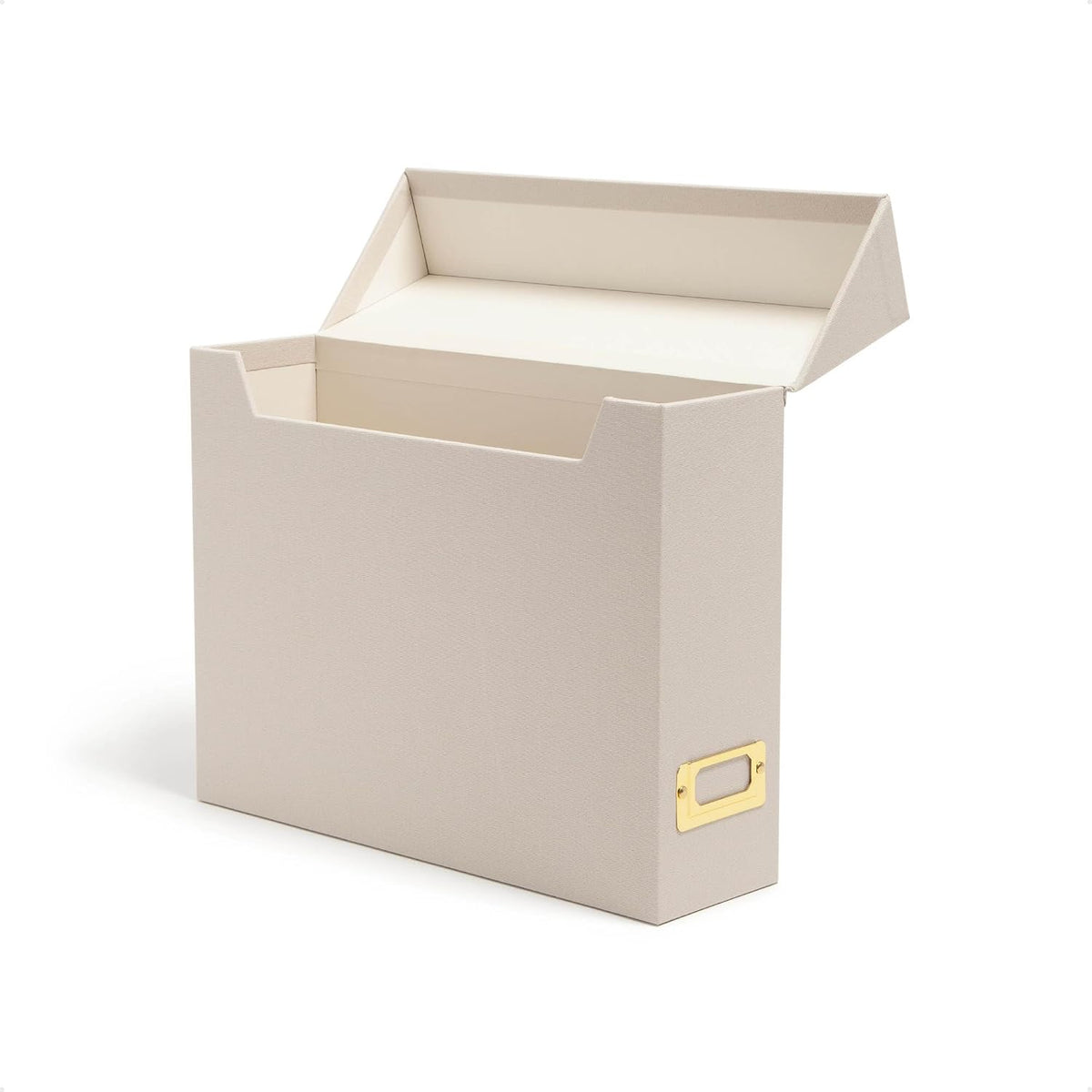Flip Top File Box, 10" x 3.7" x 13", Beige Natural Linen, Gold Metal Nameplate (70232)