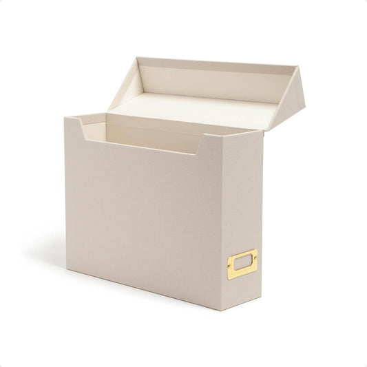 Flip Top File Box, 10" x 3.7" x 13", Beige Natural Linen, Gold Metal Nameplate (70232)