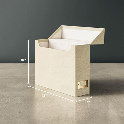 Flip Top File Box, 10" x 3.7" x 13", Beige Natural Linen, Gold Metal Nameplate (70232)