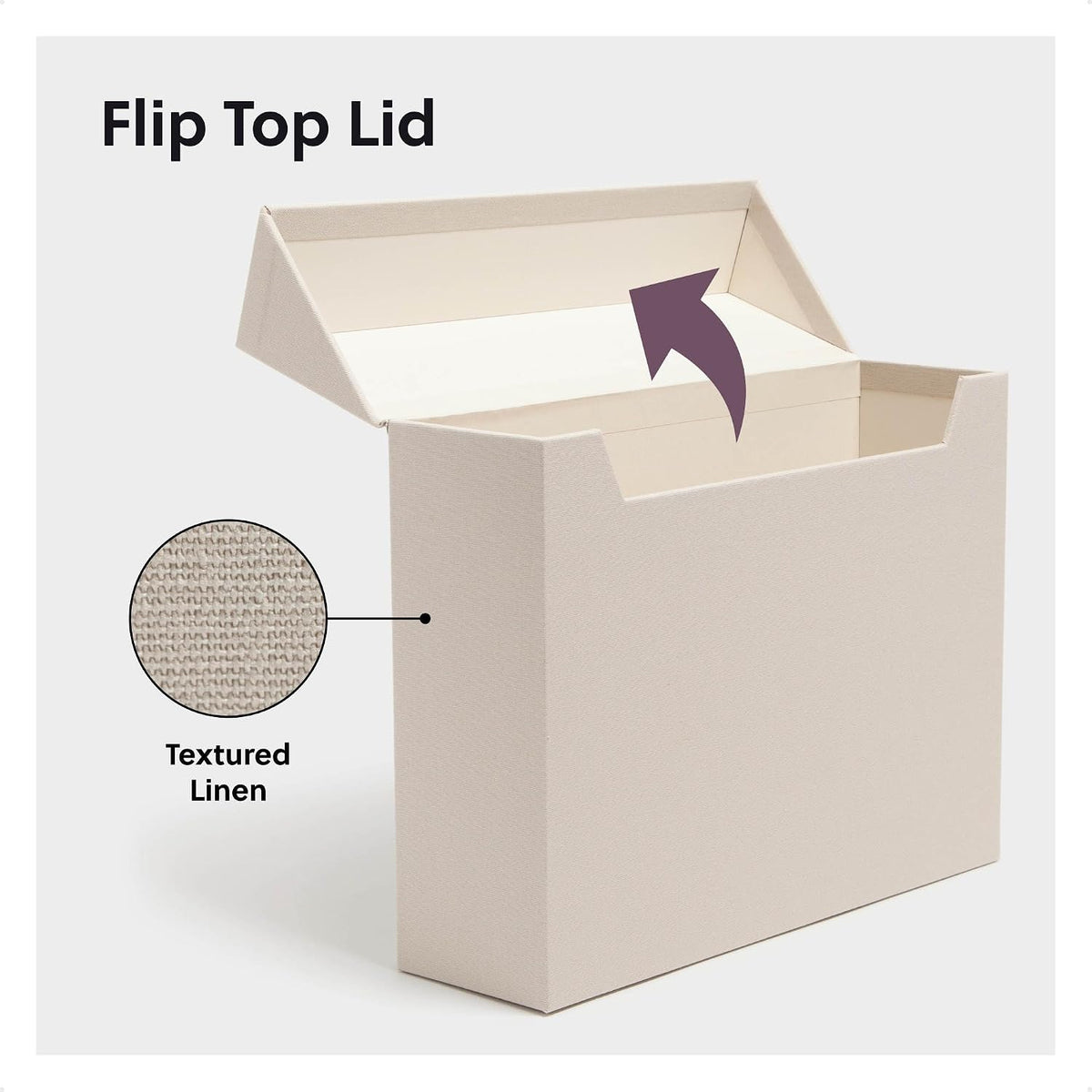 Flip Top File Box, 10" x 3.7" x 13", Beige Natural Linen, Gold Metal Nameplate (70232)