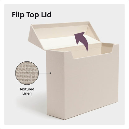 Flip Top File Box, 10" x 3.7" x 13", Beige Natural Linen, Gold Metal Nameplate (70232)