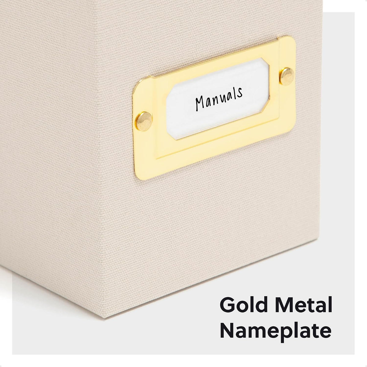 Flip Top File Box, 10" x 3.7" x 13", Beige Natural Linen, Gold Metal Nameplate (70232)