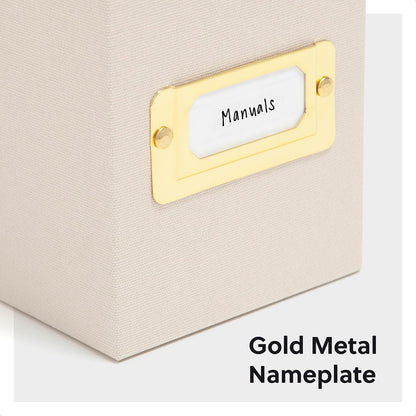 Flip Top File Box, 10" x 3.7" x 13", Beige Natural Linen, Gold Metal Nameplate (70232)