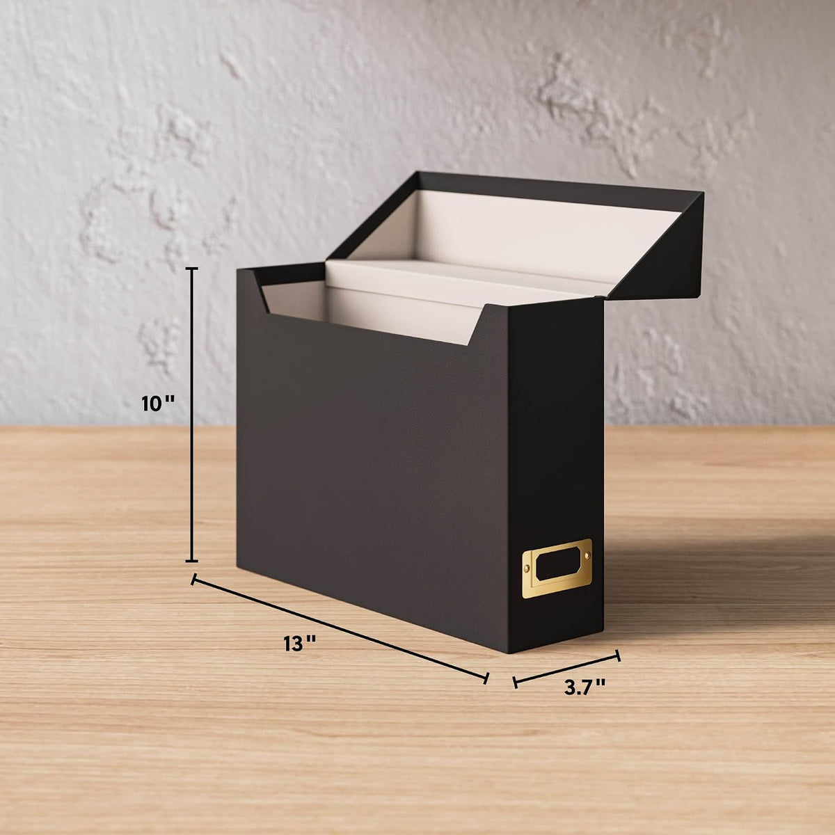 Flip Top File Box, 10" x 3.7" x 13", Beige Natural Linen, Gold Metal Nameplate (70232)
