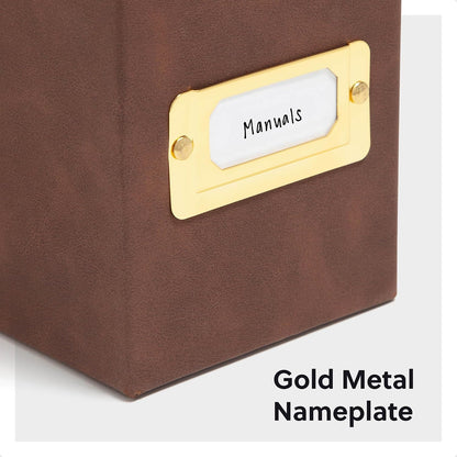 Flip Top File Box, 10" x 3.7" x 13", Beige Natural Linen, Gold Metal Nameplate (70232)