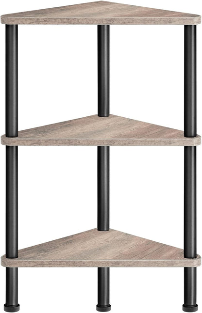 Corner Shelf Stand, Industrial 3-Tier Wall Corner Bookshelf with Metal Frame, Plant Display Shelf, Bookcase for Small Spaces, Living Room, Greige and Black BG30CJ01
