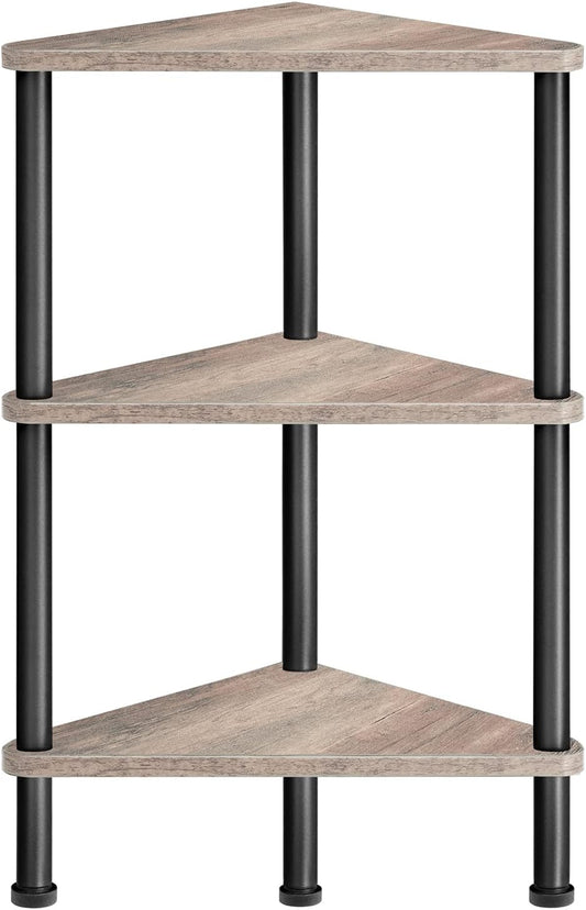Corner Shelf Stand, Industrial 3-Tier Wall Corner Bookshelf with Metal Frame, Plant Display Shelf, Bookcase for Small Spaces, Living Room, Greige and Black BG30CJ01