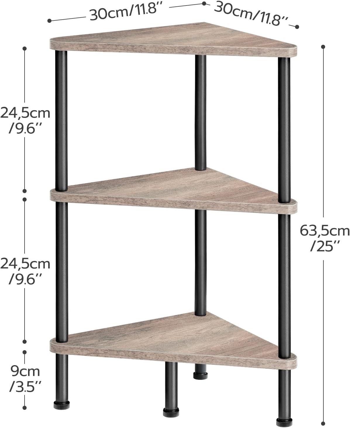 Corner Shelf Stand, Industrial 3-Tier Wall Corner Bookshelf with Metal Frame, Plant Display Shelf, Bookcase for Small Spaces, Living Room, Greige and Black BG30CJ01