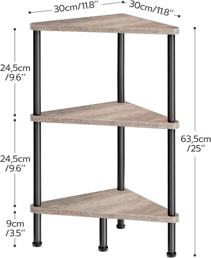 Corner Shelf Stand, Industrial 3-Tier Wall Corner Bookshelf with Metal Frame, Plant Display Shelf, Bookcase for Small Spaces, Living Room, Greige and Black BG30CJ01