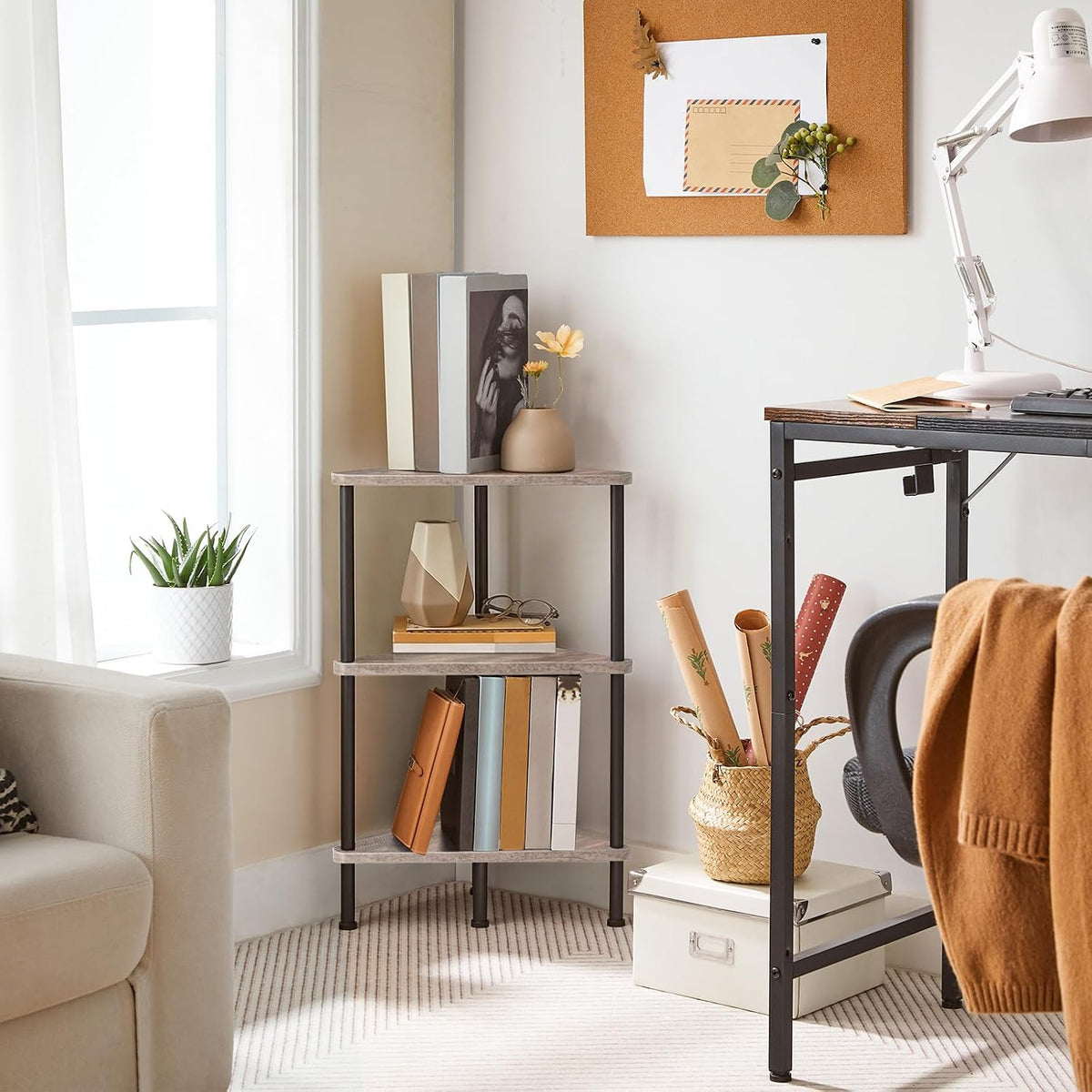 Corner Shelf Stand, Industrial 3-Tier Wall Corner Bookshelf with Metal Frame, Plant Display Shelf, Bookcase for Small Spaces, Living Room, Greige and Black BG30CJ01