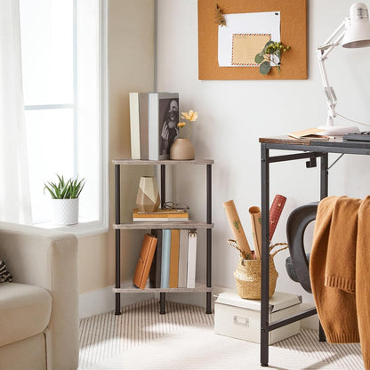 Corner Shelf Stand, Industrial 3-Tier Wall Corner Bookshelf with Metal Frame, Plant Display Shelf, Bookcase for Small Spaces, Living Room, Greige and Black BG30CJ01